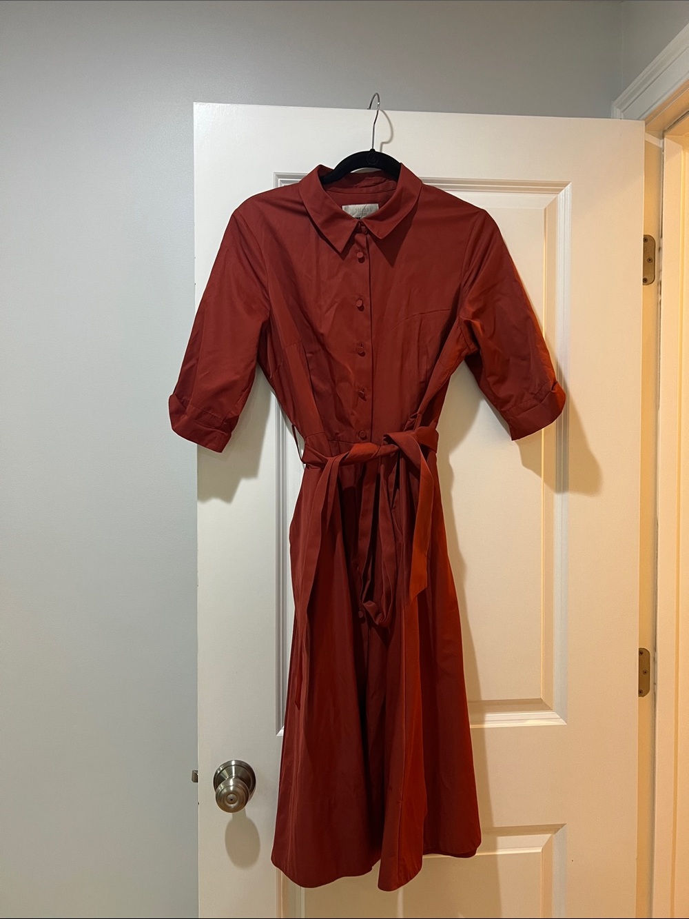 Women's Rust Midi Shirt Dress with Tie Waist
